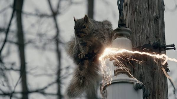 Squirrel on utility pole transformer causing electrical arc and power outage