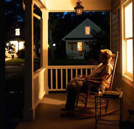 Neighbors gathered under a white canopy with string lights during a blackout, children watching TV, adults talking at folding table