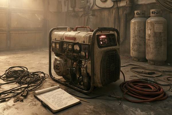Portable generator on garage floor with handwritten wattage notepad, extension cord, and propane tanks