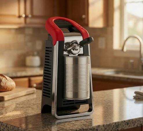 Electric can opener on a kitchen counter opening a tin can