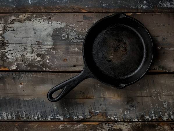 Seasoned cast iron skillet on a rustic wooden surface