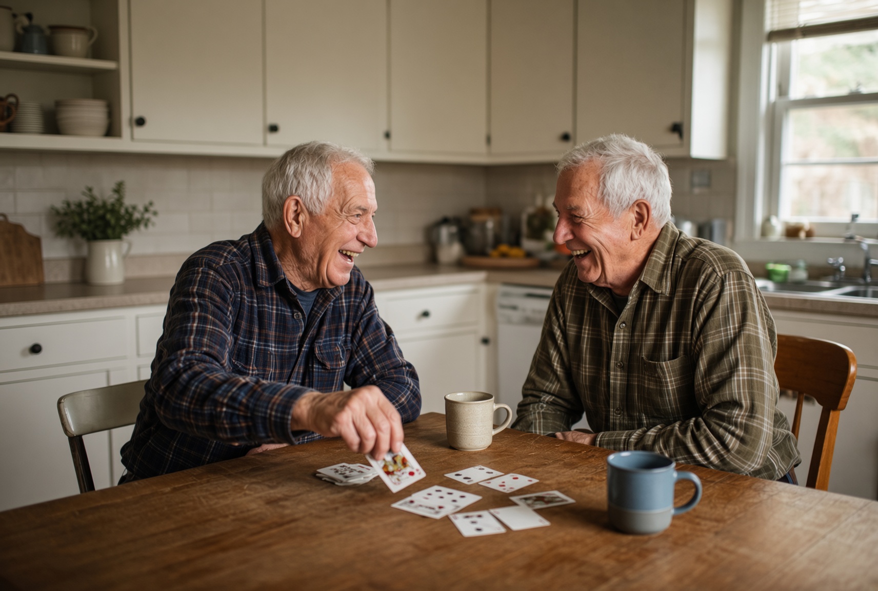 Two older men laughing over a hand of cards at a kitchen table with coffee mugs beside them