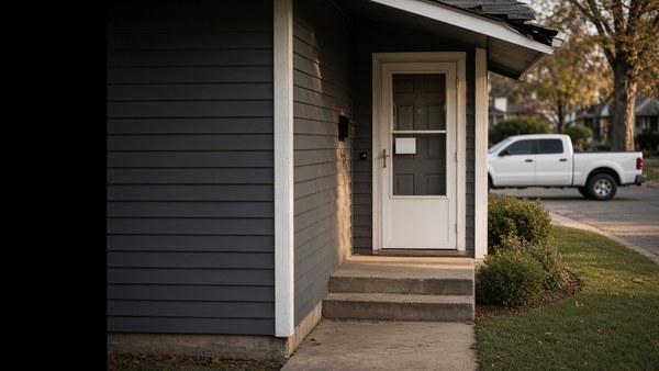 The front door of an ordinary American house at the end of the day, a small blank white card wedged into the storm door at handle height, shingles torn loose at the roof edge above, and an unmarked white pickup truck parked at the kerb beyond the lawn