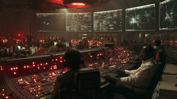 Power grid emergency control room with operators at consoles and red warning lights on all screens