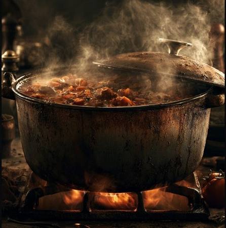 Seasoned cast iron dutch oven with bubbling stew on open flame with steam rising
