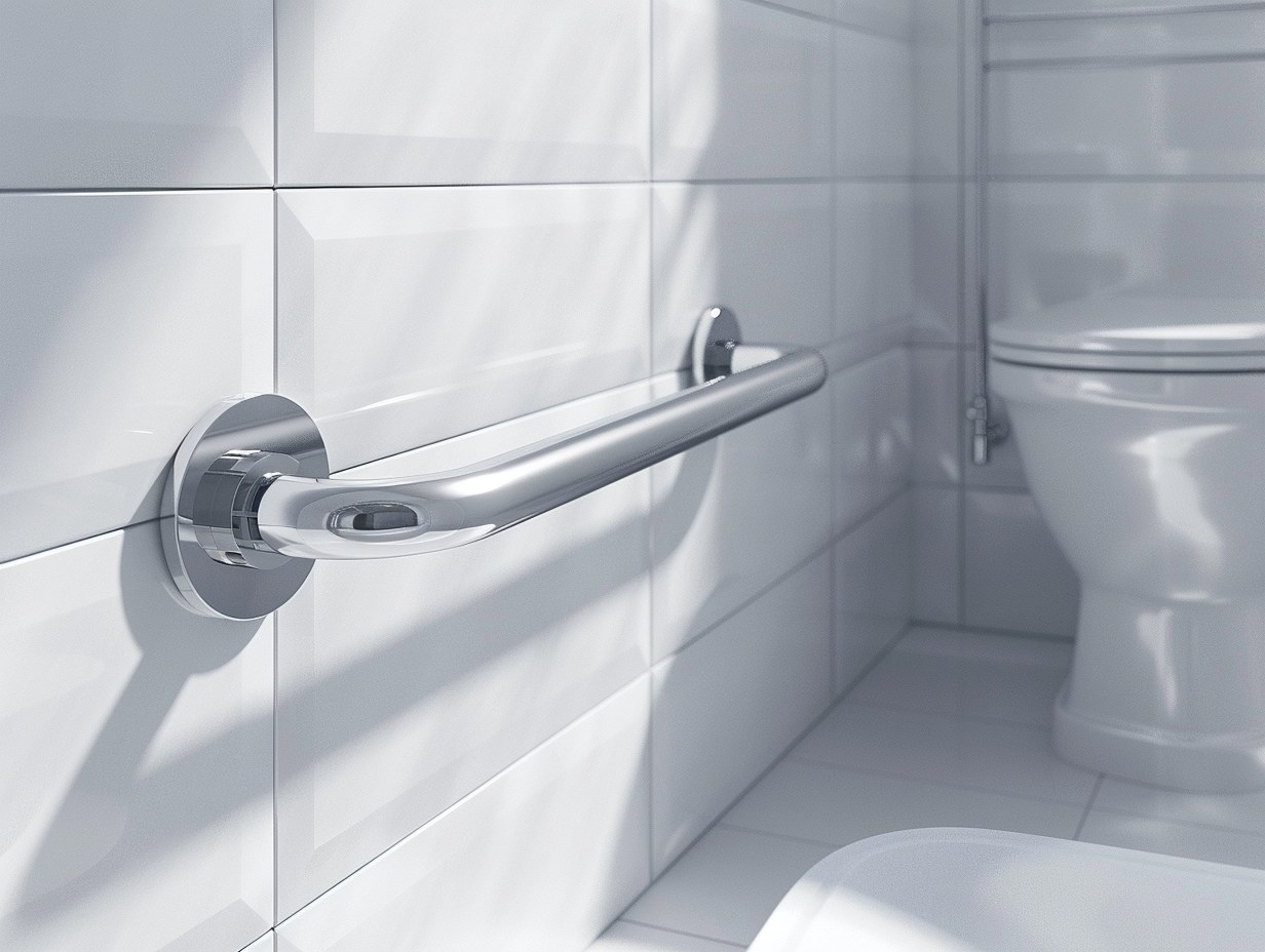 A polished stainless steel grab bar bolted to a white tiled bathroom wall beside a toilet