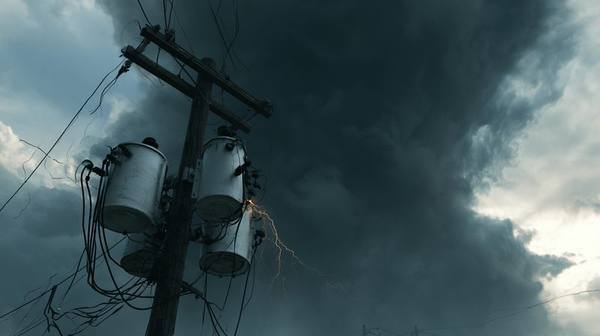 Electrical transformers on utility pole with storm approaching and sparks flying
