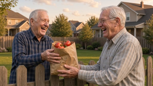 Two laughing older men handing a paper bag of ripe tomatoes across a backyard fence at sunset