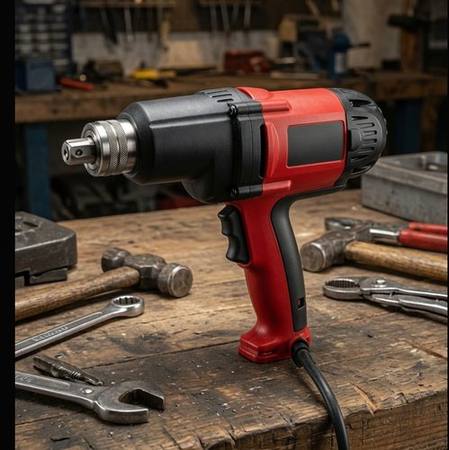 Corded impact wrench red and black with tool bag, no battery required