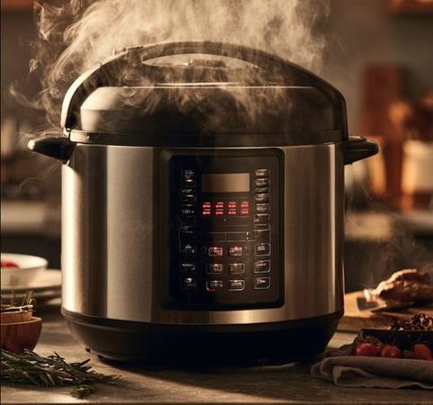 Electric multi-cooker pressure cooker steaming on a kitchen counter