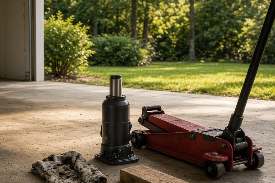 A bottle jack and a red floor jack side by side on a garage floor