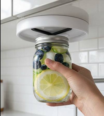 Under-cabinet jar opener mounted to kitchen cabinet with hand opening a glass jar