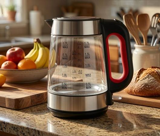 Glass electric kettle on a kitchen counter with fruit bowl and bread in background