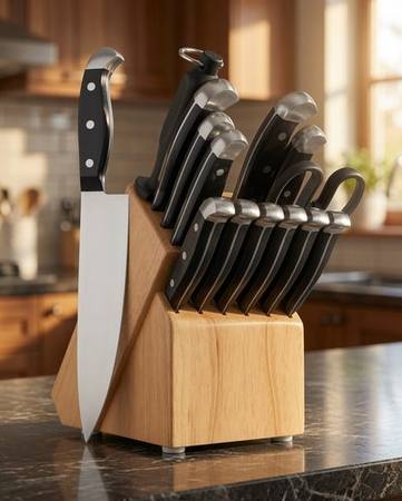 Forged kitchen knife set in a wooden block on a kitchen counter