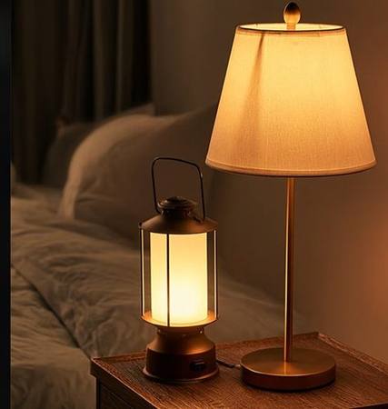 Rechargeable LED lantern glowing warm on a bedroom nightstand beside a lamp