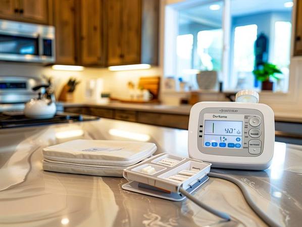 Blood pressure cuff and medical devices on a kitchen counter