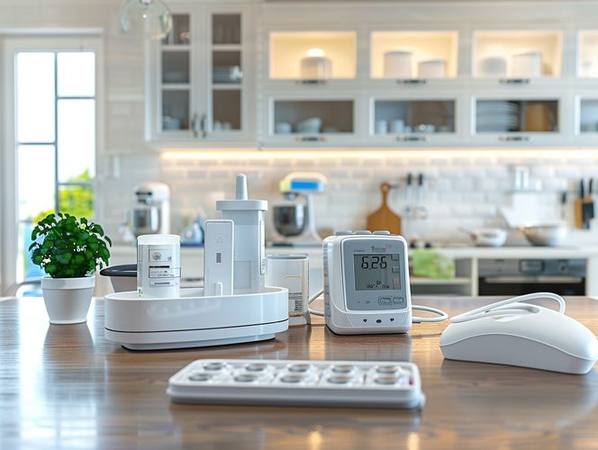 Medical monitoring devices and pill organizer on a bright kitchen counter