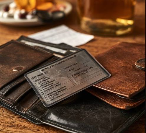 Laminated medical ID card on an open leather wallet showing medications and emergency contacts
