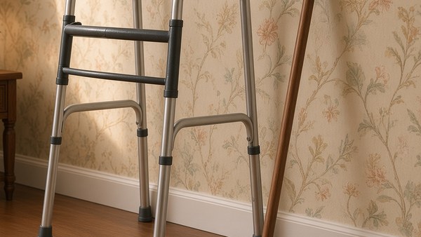 A folding aluminium walker beside a wooden cane leaning on the wall of a sitting room