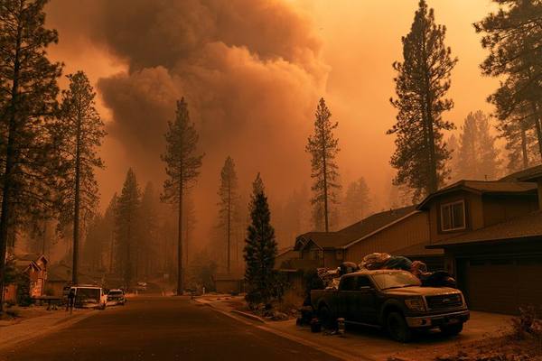 Mountain West neighborhood street with wildfire smoke filling the sky and truck loaded with evacuation belongings