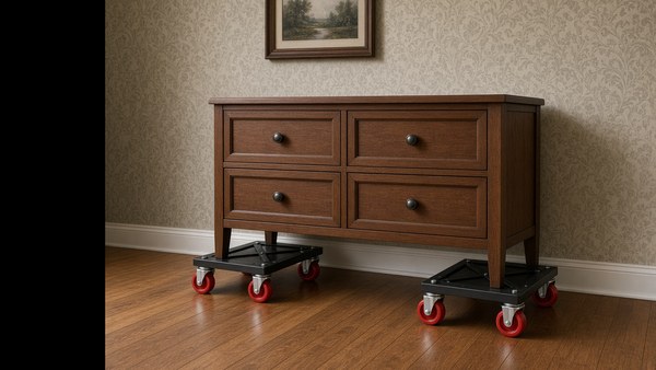 A low, wide wooden chest of drawers standing on two four-wheel furniture dollies, one under each pair of legs, on a hardwood floor beside a wall
