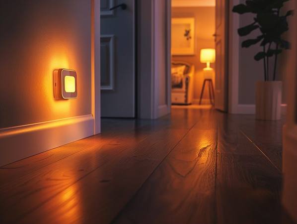 LED motion night light glowing in a dark hallway