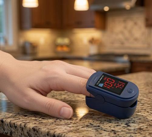 Pulse oximeter clipped on fingertip showing SpO2 and pulse reading on kitchen counter