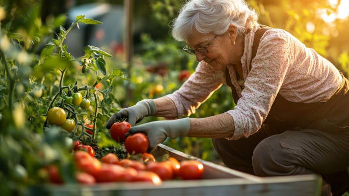 Senior woman harvesting tomatoes from a raised garden bed