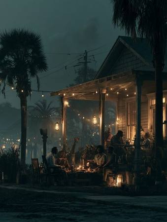 Neighbors gathered on a lit porch with lanterns sharing food during a Florida power outage