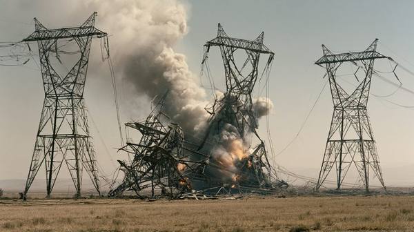 High voltage transmission towers destroyed and collapsed in open field with smoke and fire