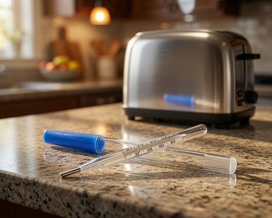 Glass clinical thermometer on a kitchen counter — reliable for 100 years