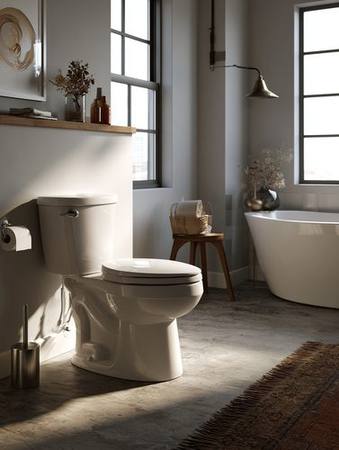 Modern comfort height toilet in a bright bathroom with natural light