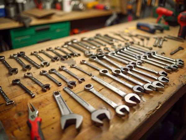 Quality hand tools laid out on a workshop workbench