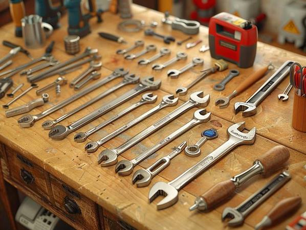 Quality wrenches and hand tools on a workbench