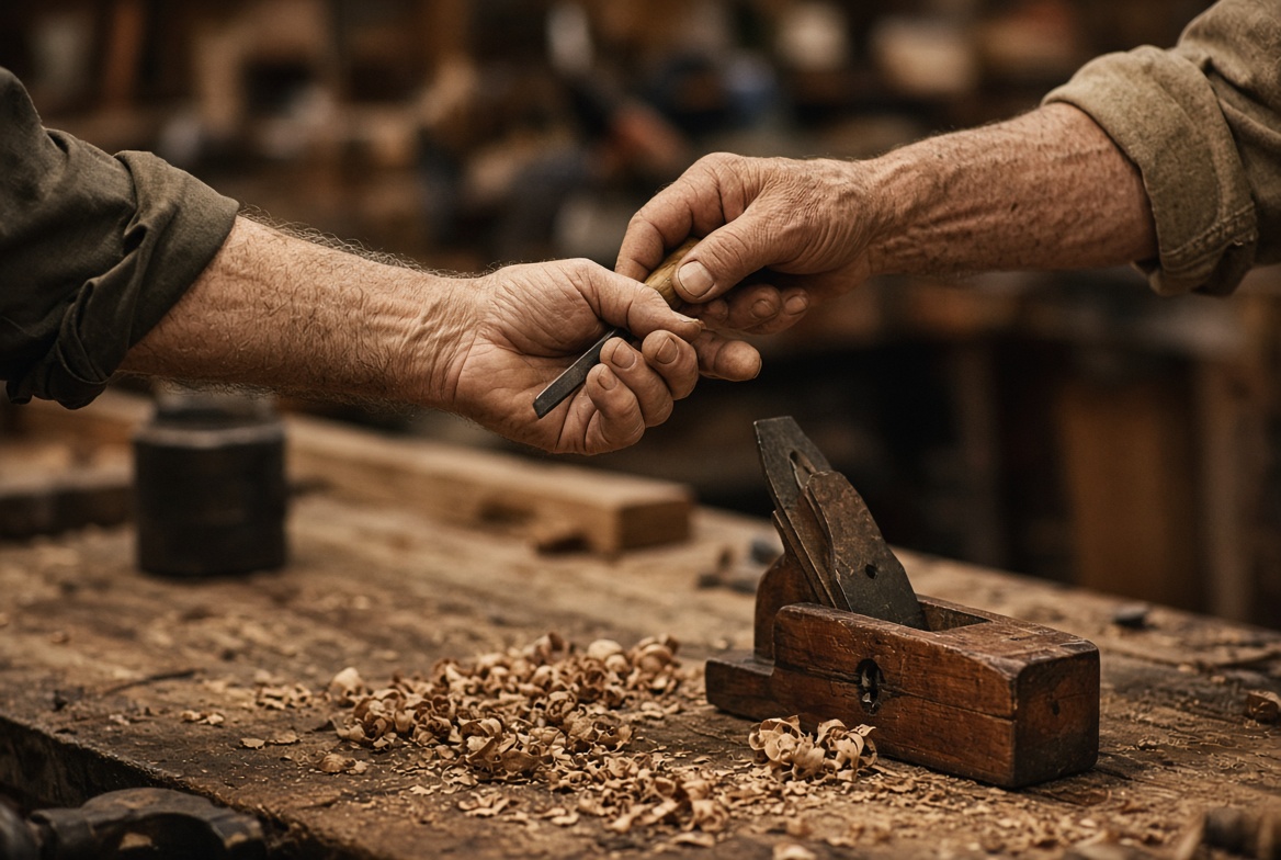 Two older men's hands at a workbench, one passing a chisel to the other