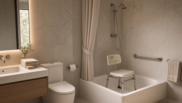 An ordinary bathroom in morning light with a plain white alcove bathtub, a plastic and aluminium shower chair standing inside it, and a stainless steel grab bar bolted to the tiled wall through visible round flanges
