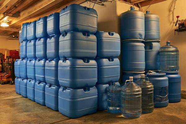 Blue stackable water storage containers and water jugs organized in a garage for emergency preparedness