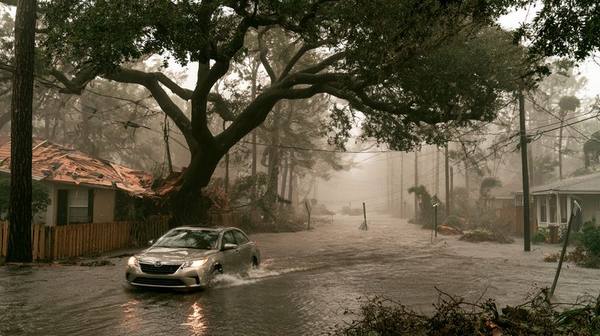 Hurricane flooding a Florida neighborhood with downed trees and power lines