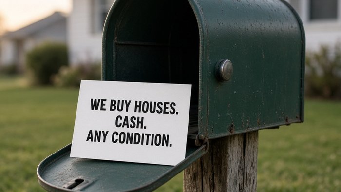 An open green mailbox on a wooden post with a white card in its door reading We Buy Houses. Cash. Any Condition.
