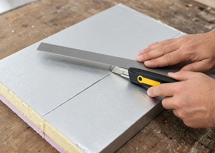 A utility knife scoring a sheet of foil-faced rigid foam insulation board along a straightedge