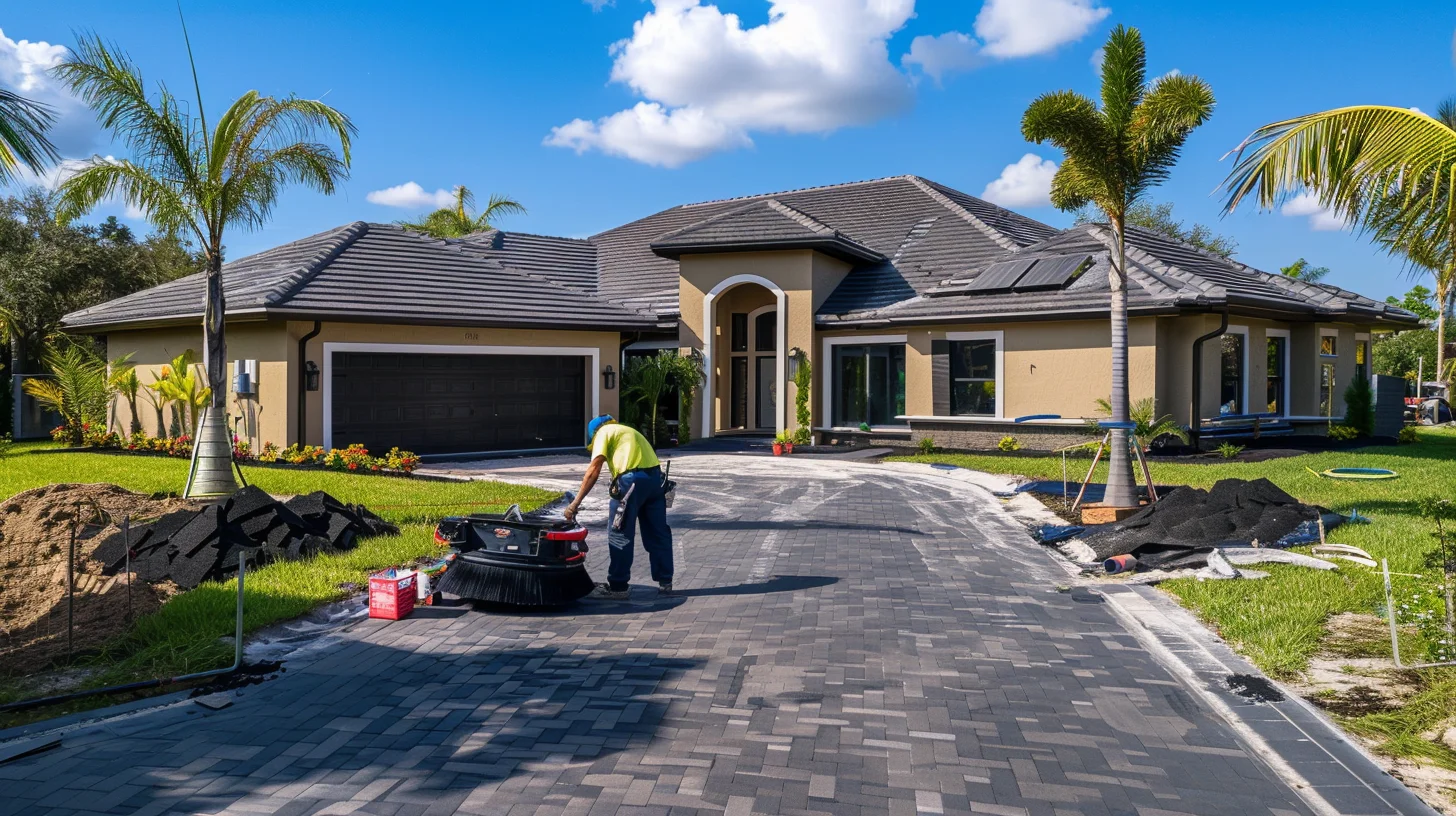 Roofer cleaning up nails from driveway after job