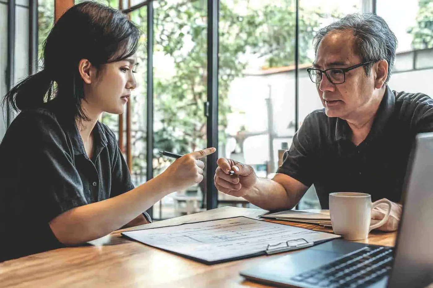 Two professionals reviewing insurance policy documents at a desk