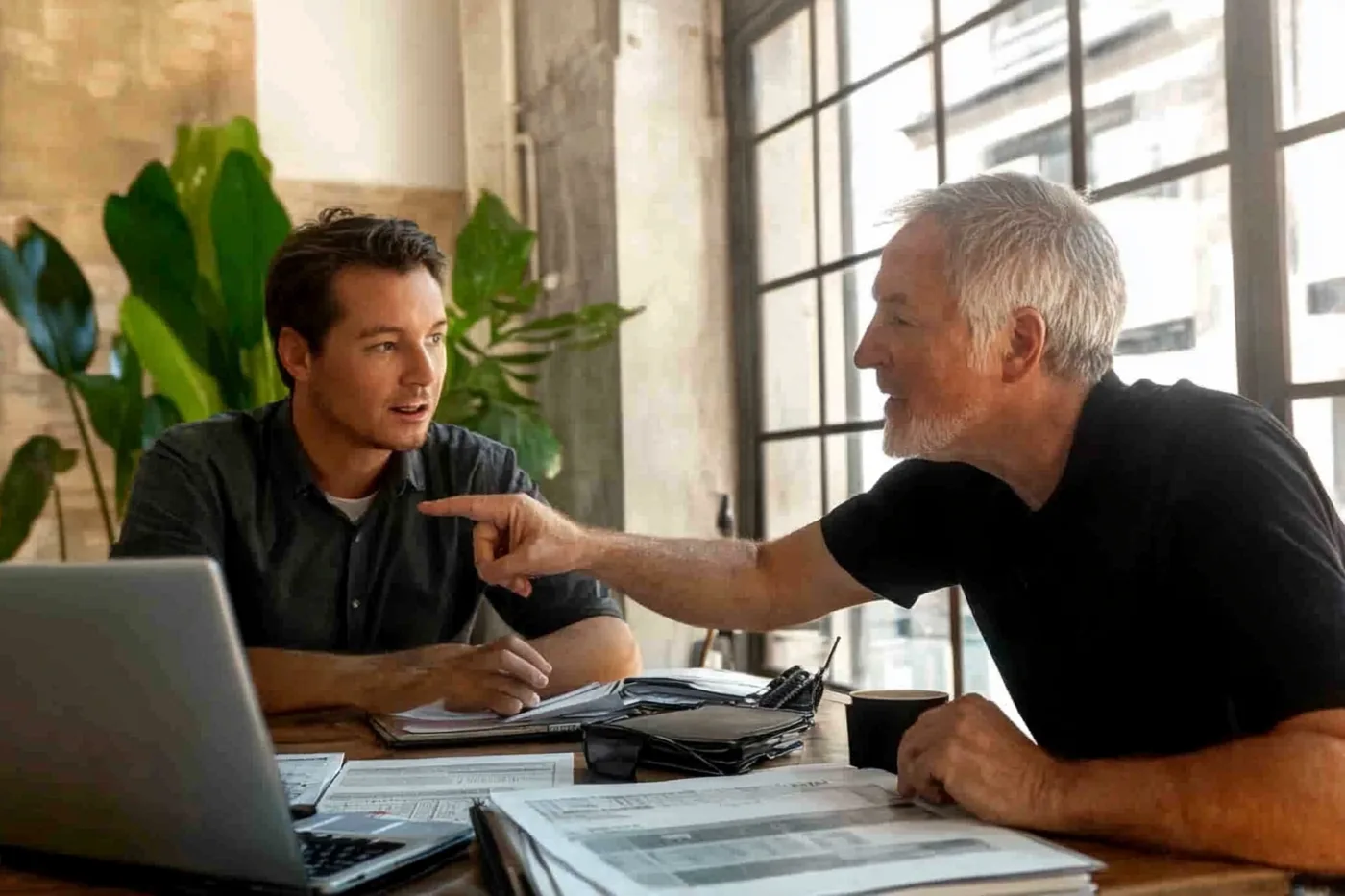Insurance adjuster and property owner reviewing commercial policy documents