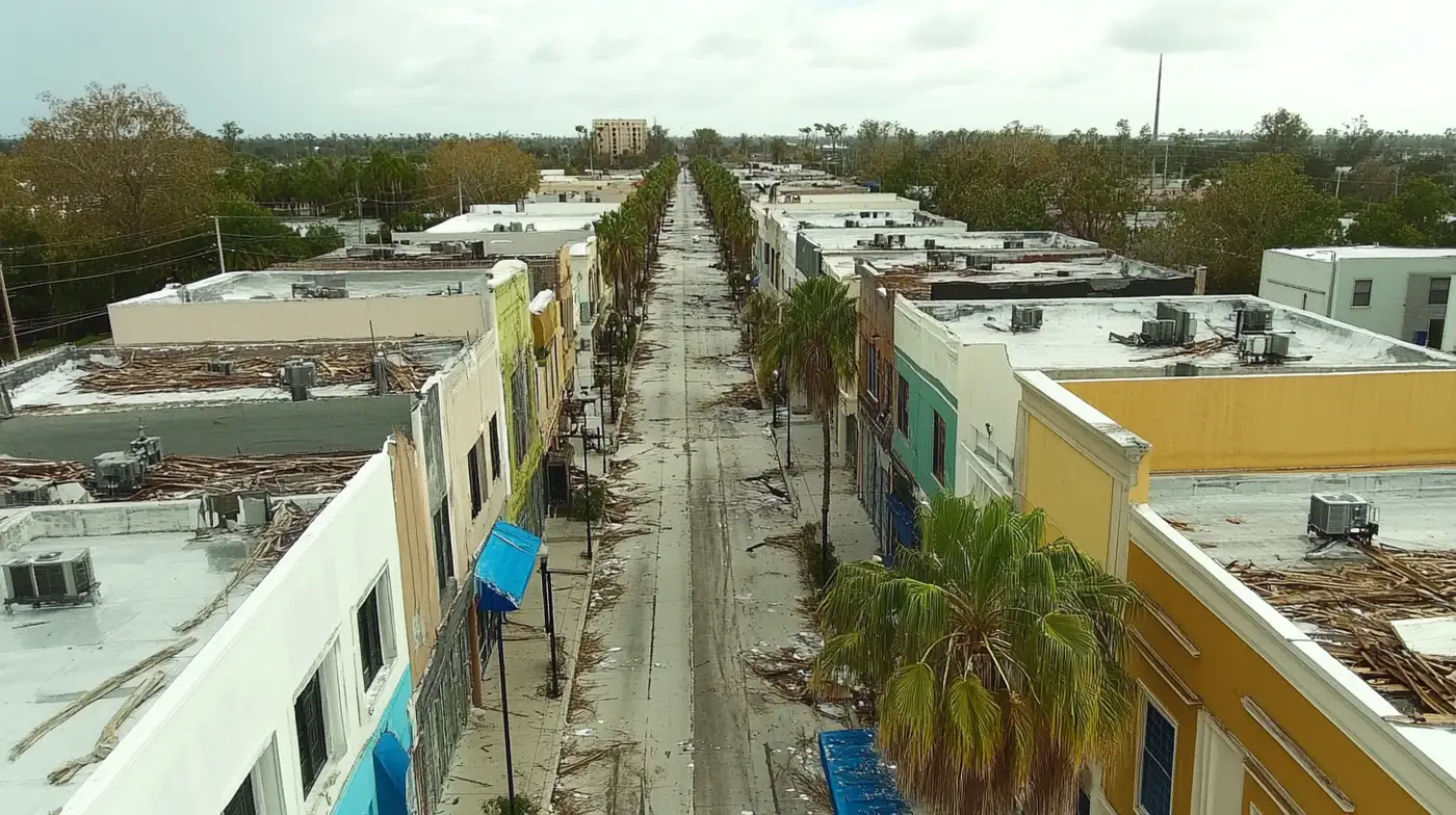 Aerial view of coastal commercial district before hurricane season preparation