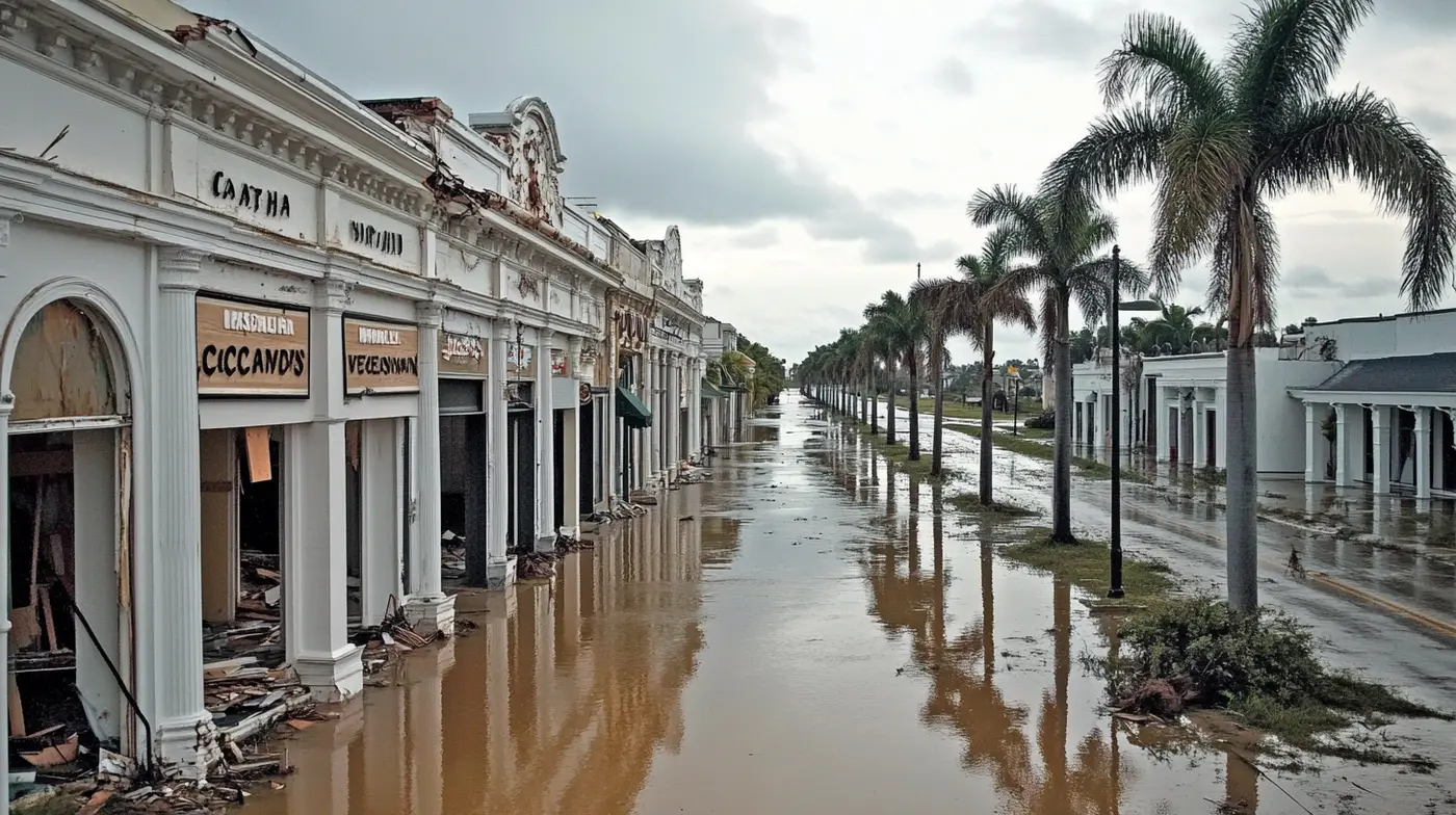 Insurance adjuster assessing commercial property damage in flooded coastal area after storm