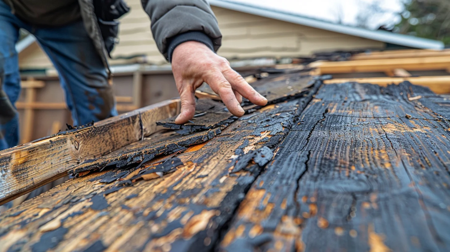 Water damaged wood showing mold risk after roof leak