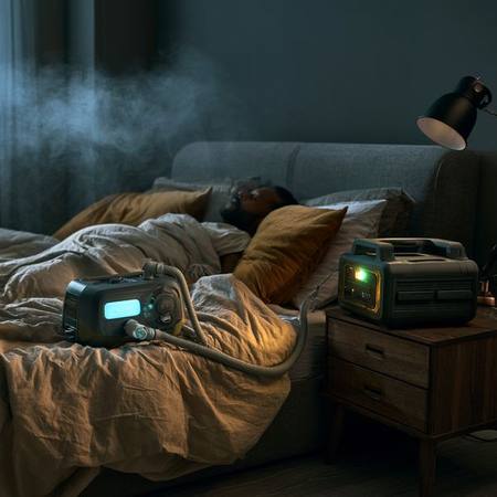 CPAP machine connected to portable battery bank on nightstand