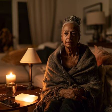 Elderly woman sitting alone during power outage with battery bank