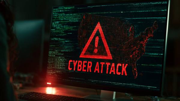 Computer monitor displaying CYBER ATTACK alert on US grid map — the kind of warning SCADA operators face in a real grid intrusion event