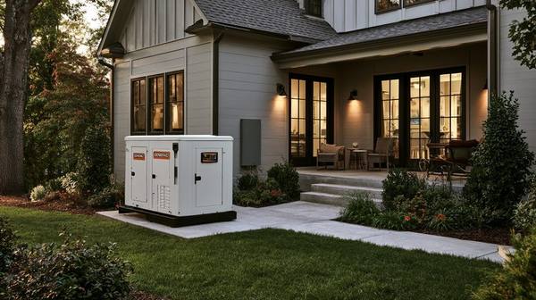 Generac whole-home standby generator installed on concrete pad beside modern home at dusk — automatically starts within 11 seconds of any power failure